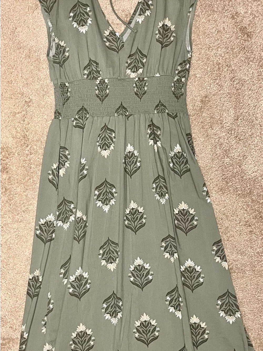 Old Navy Sage Green Floral V-Neck Smocked Midi Dress